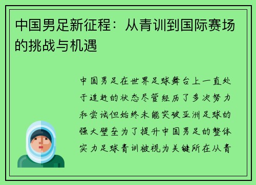 中国男足新征程：从青训到国际赛场的挑战与机遇