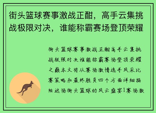 街头篮球赛事激战正酣，高手云集挑战极限对决，谁能称霸赛场登顶荣耀之巅