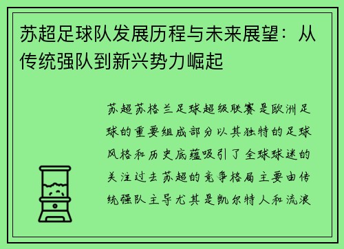 苏超足球队发展历程与未来展望：从传统强队到新兴势力崛起
